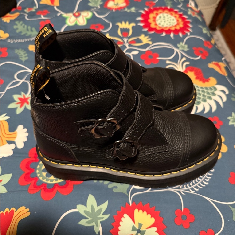 NWOT Dr. Martens Black Leather Boots with Flower Double Buckles Devon Flower